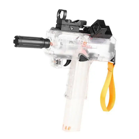 Transparent water gun with orange wrist strap, ideal for outdoor water blasting activities.