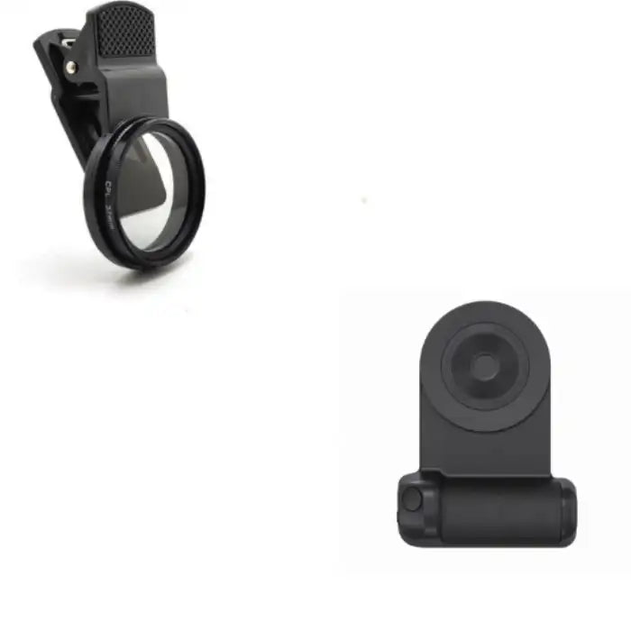 Multifunctional phone grip/stand with magnetic camera handle shown with clip-on CPL lens accessory