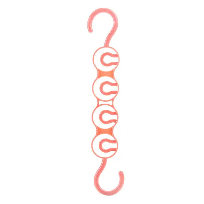 Closet organizer hanger showing single coral plastic chain hook with multiple slots