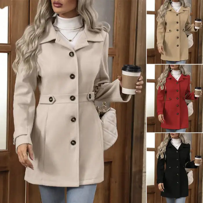 Coat Buttons beige belted peacoat with button front and long sleeves