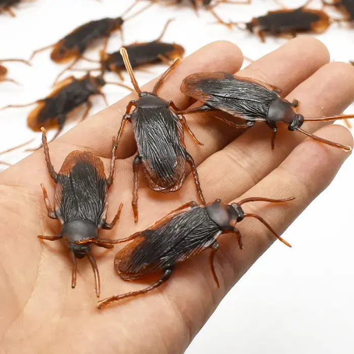 Cockroach toys displayed on a hand showing size and realistic detail of prank insect props.