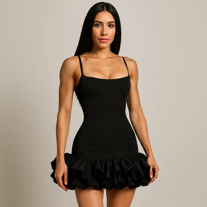 cocktail dress in classic black featuring slim spaghetti straps, square neckline and statement ruffle hem detail with studio portrait