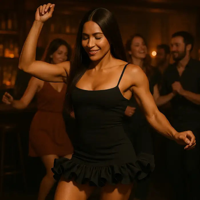 cocktail dress with playful ruffle detail captured in motion while dancing, demonstrating movement and flow in nightclub setting