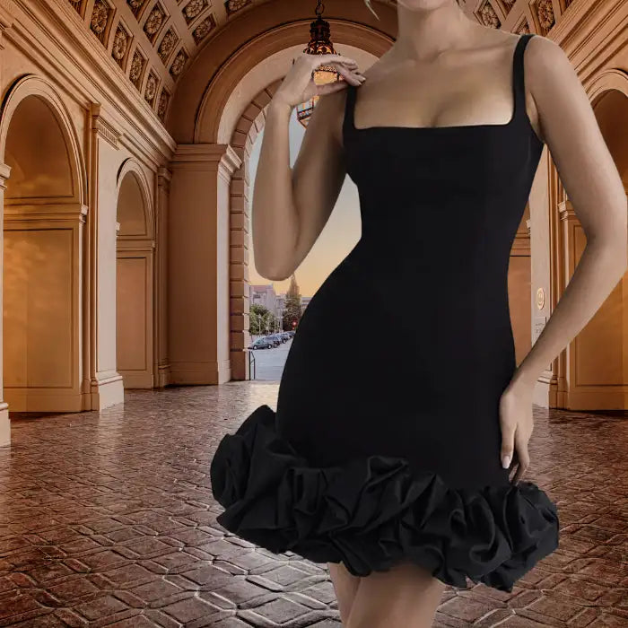 cocktail dress in classic black with square neckline and structured ruffle hem photographed in luxurious architectural venue with arched ceiling
