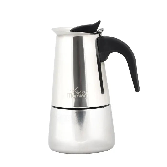 Side profile of polished stainless steel stovetop coffee maker with curved black handle