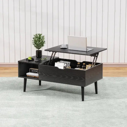 Diagram of black coffee table showing lift tabletop, hidden storage, metal mechanism, side shelf, angled legs, and floor mat on wooden floor