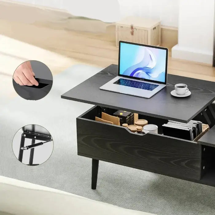 Three-panel image showcasing storage features of a coffee table: side cabinet, hidden top compartment, and space for robotic vacuum