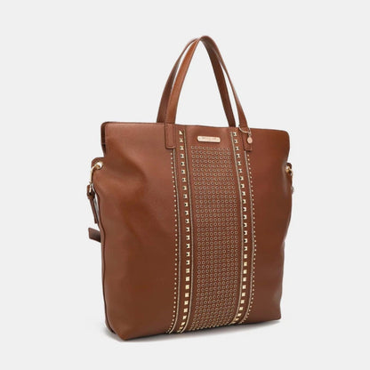 Tan leather designer tote bag with studded detail shown from side angle, featuring spacious interior and shoulder straps