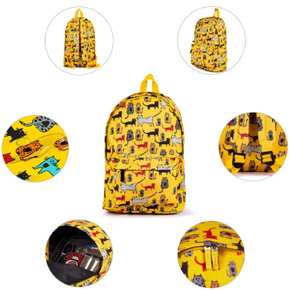 Collage of yellow cat-printed backpack showcasing features like zippers, straps, and colorful design.