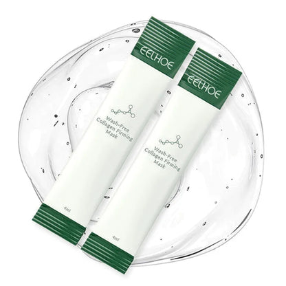 Two tubes of wash-free collagen firming mask on a clear plate.