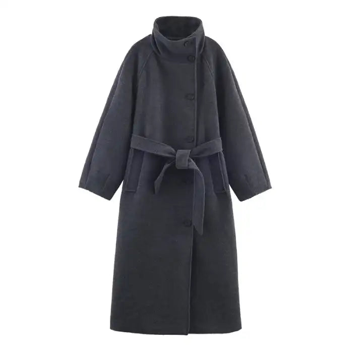 Collar Belt Overcoat in dark wool fabric with front buttons and waist tie belt, full-length winter design