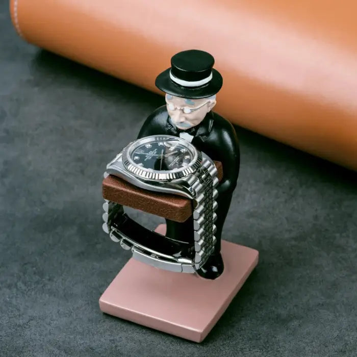 collector watch display holding a luxury watch on the platform, showcasing its functionality and elegance.
