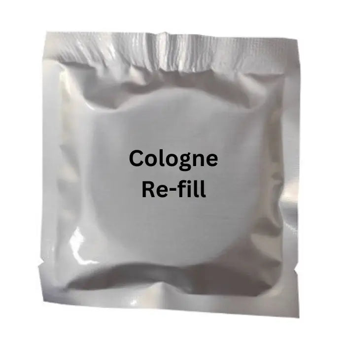 Silver foil packet containing cologne scent refill for car aromatherapy diffuser