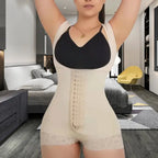 Colombian Faja Curve Enhancer beige bodysuit with lace legs and high-compression waist trainer design.