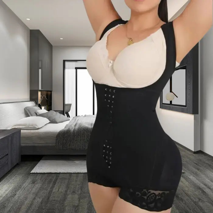 Colombian Faja Curve Enhancer in black with lace trim and straps for extra support and sleek silhouette.