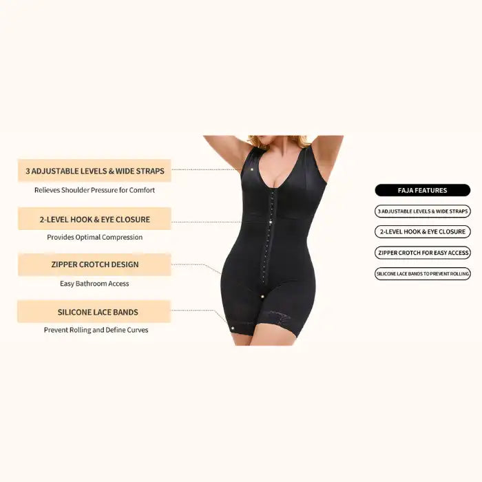  Colombian shapewear with tummy control, wide straps, hook closure, zipper crotch, and lace bands