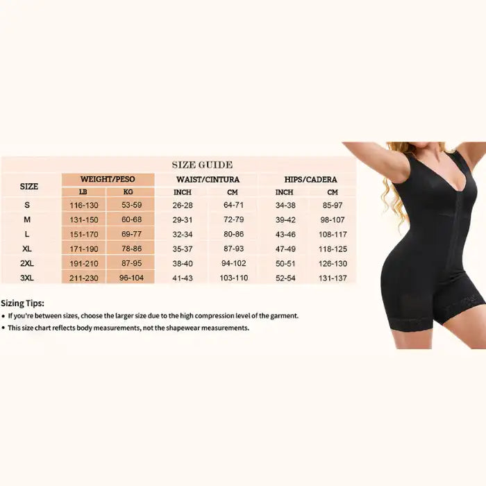 Colombian shapewear size guide chart with bust, waist, hips and weight ranges for accurate fit