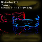 Color-changing LED glasses with bilateral control, displaying glowing red and blue sides.
