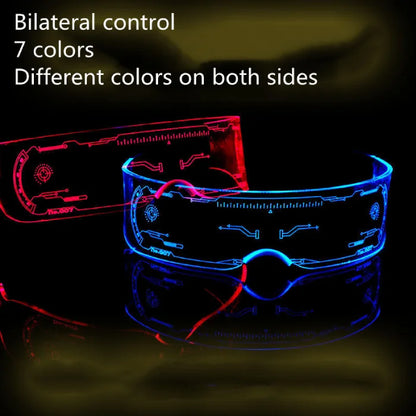 Color-changing LED glasses with bilateral control, displaying glowing red and blue sides.