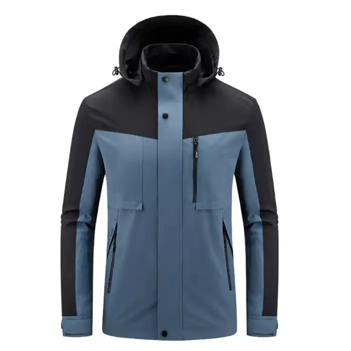 Colorblock hooded softshell jacket with zippered pockets in light blue and black, front view with snap closure
