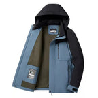  Colorblock hooded softshell jacket with zippered pockets, light blue version, interior view showing features