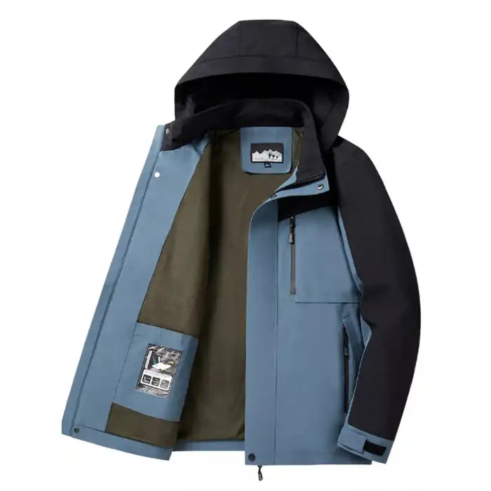  Colorblock hooded softshell jacket with zippered pockets, light blue version, interior view showing features
