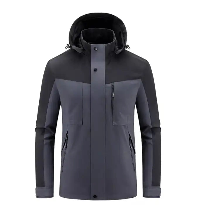  Colorblock hooded softshell jacket with zippered pockets, gray and charcoal two-tone, front view with snap closure