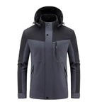  Colorblock hooded softshell jacket with zippered pockets, gray and charcoal two-tone, front view with snap closure