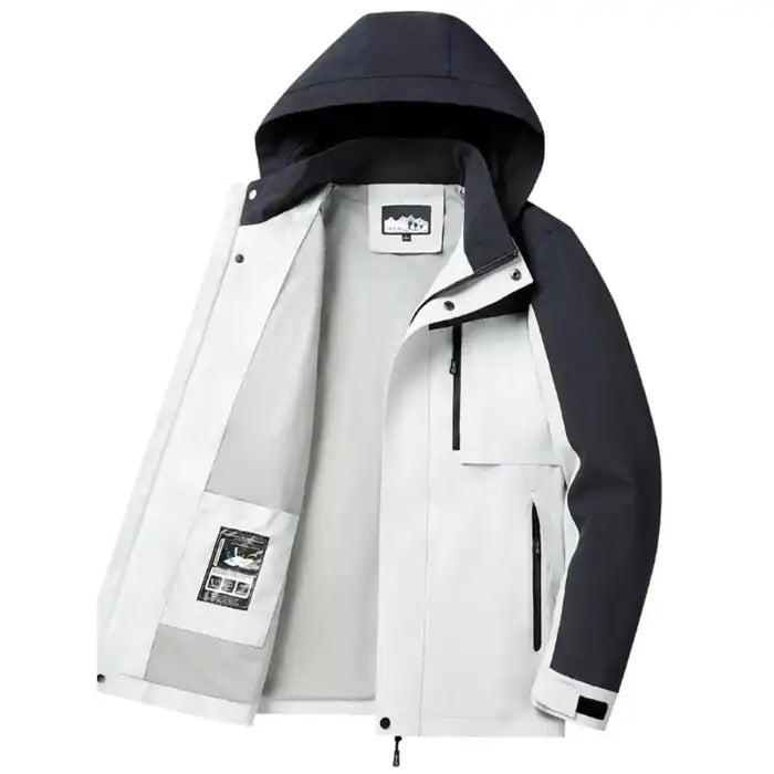 Colorblock hooded softshell jacket with zippered pockets, interior closeup showing snap placket and pockets