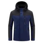 Colorblock hooded softshell jacket with zippered pockets in navy and black, front view with adjustable hood