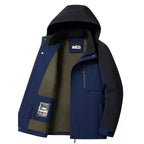  Colorblock hooded softshell jacket with zippered pockets, navy version, interior view with olive lining