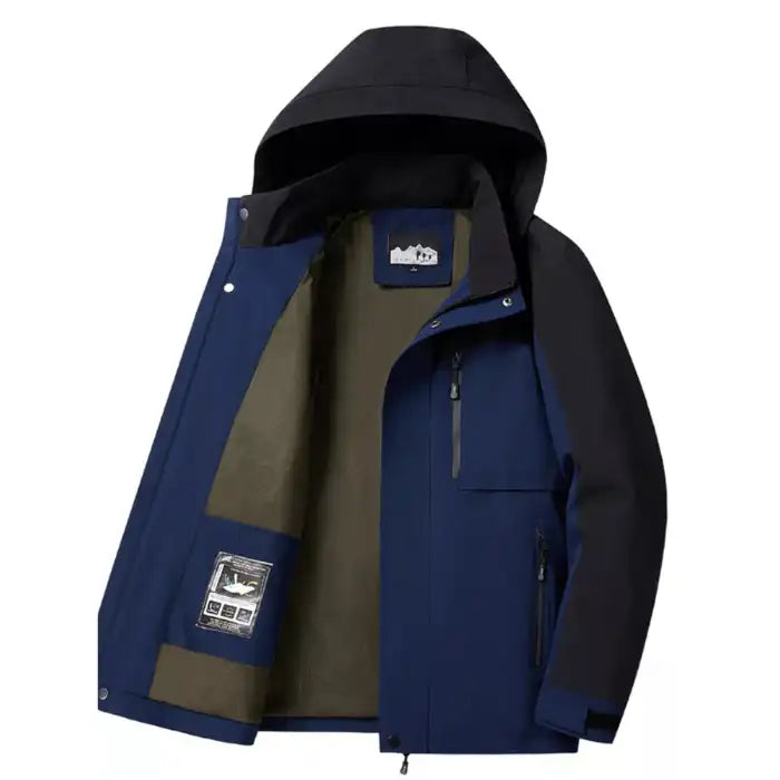  Colorblock hooded softshell jacket with zippered pockets, navy version, interior view with olive lining