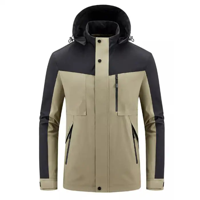 Colorblock hooded softshell jacket with zippered pockets in tan and black, front view showing chest pockets