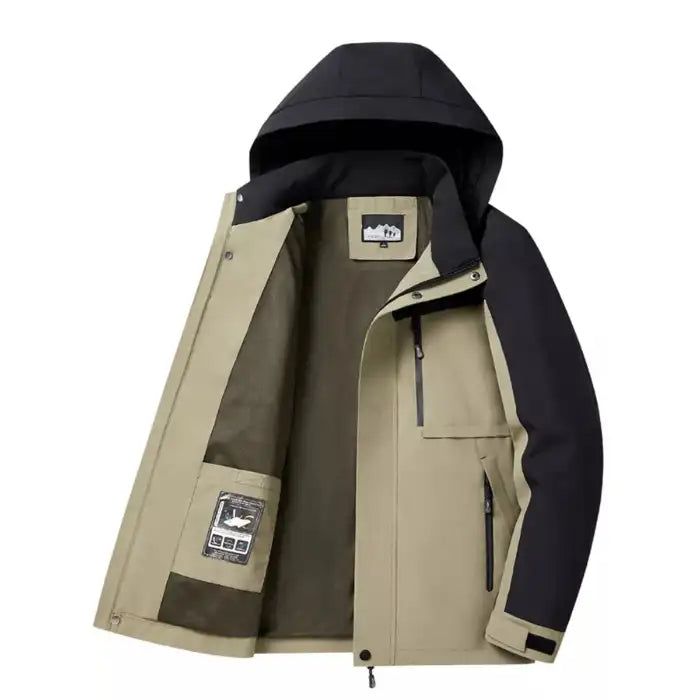 Colorblock hooded softshell jacket with zippered pockets, tan version, interior view showing lining and pockets