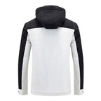 Colorblock hooded softshell jacket with zippered pockets, white and black, back view showing colorblock design