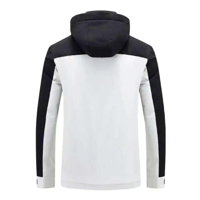 Colorblock hooded softshell jacket with zippered pockets, white and black, back view showing colorblock design