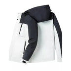 Colorblock hooded softshell jacket with zippered pockets, white colorway, flat lay view showing construction