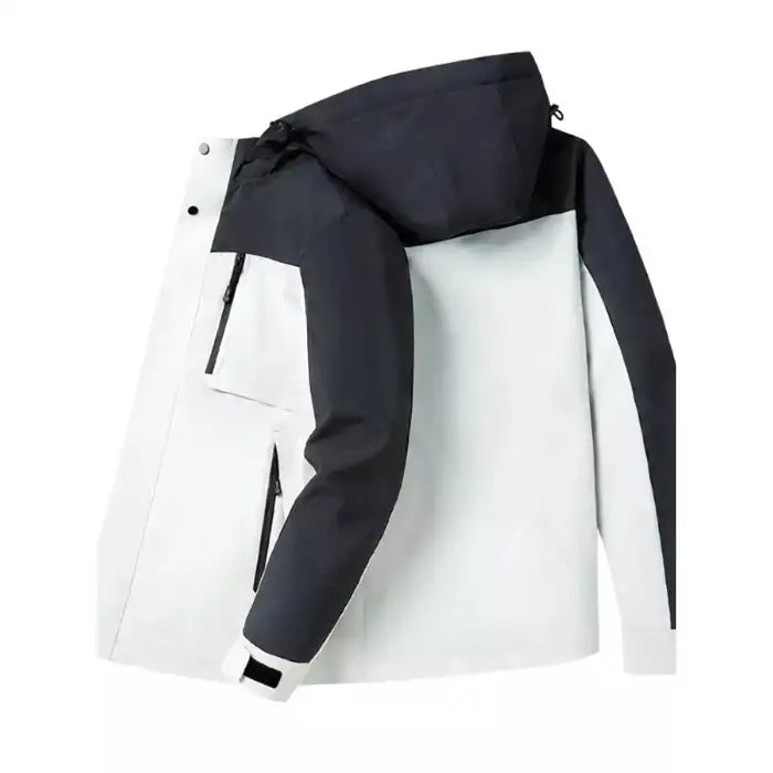 Colorblock hooded softshell jacket with zippered pockets, white colorway, flat lay view showing construction