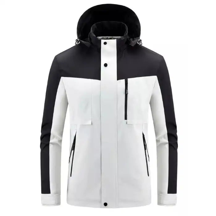  Colorblock hooded softshell jacket with zippered pockets in white and black, front view with removable hood