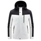  Colorblock hooded softshell jacket with zippered pockets in white and black, front view with removable hood