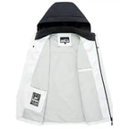 Colorblock hooded softshell jacket with zippered pockets, white version, interior detail with storage pockets