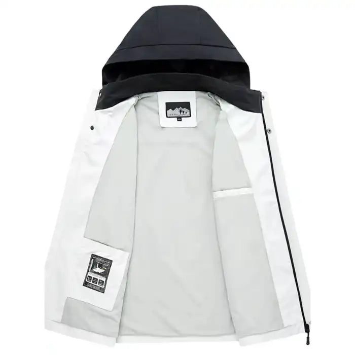 Colorblock hooded softshell jacket with zippered pockets, white version, interior detail with storage pockets