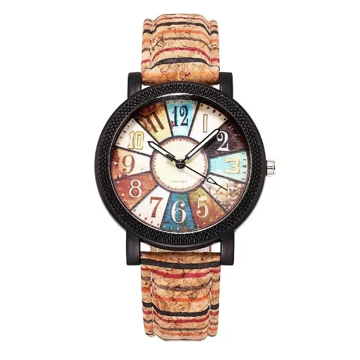 Colorful analog wristwatch with cork strap and vintage design, perfect for unique fashion enthusiasts.