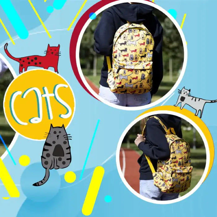 Yellow backpack with vibrant cat patterns displayed outdoors, perfect for school and casual use.