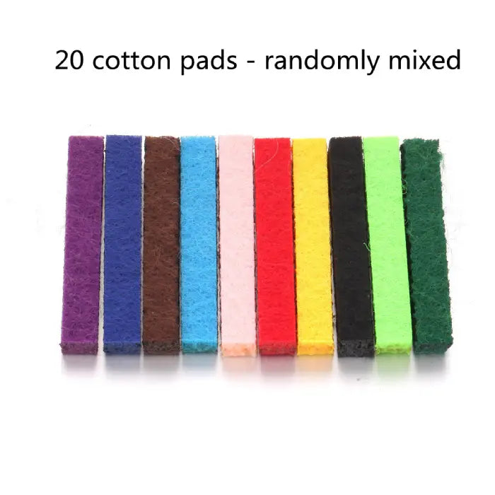 Set of 20 colorful cotton pads for use with essential oil diffuser pendants, randomly mixed colors.