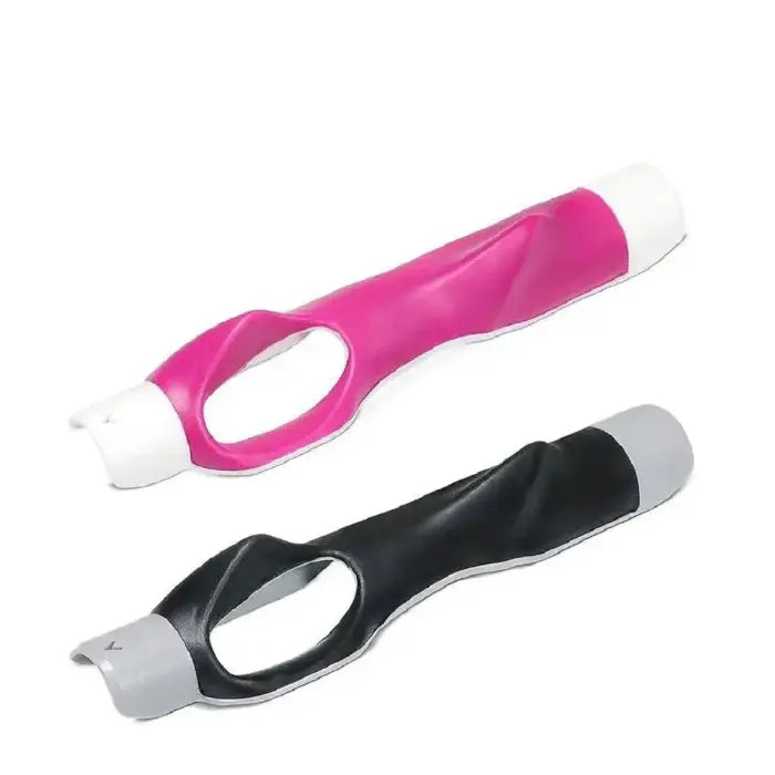 Four ergonomic golf grips in pink, black, orange, and blue colors with curved design and finger holes