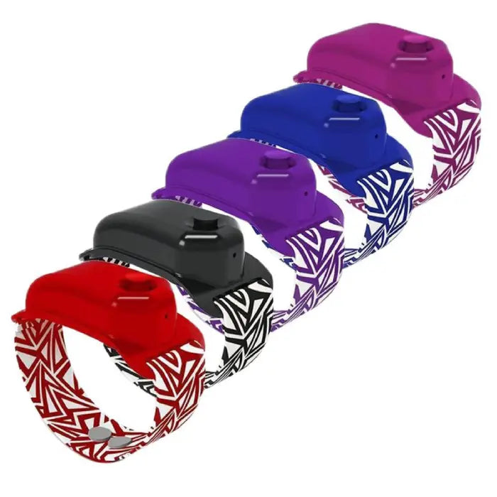 Assorted colorful hand sanitizer dispenser wristbands with patterned straps for easy sanitization on-the-go.