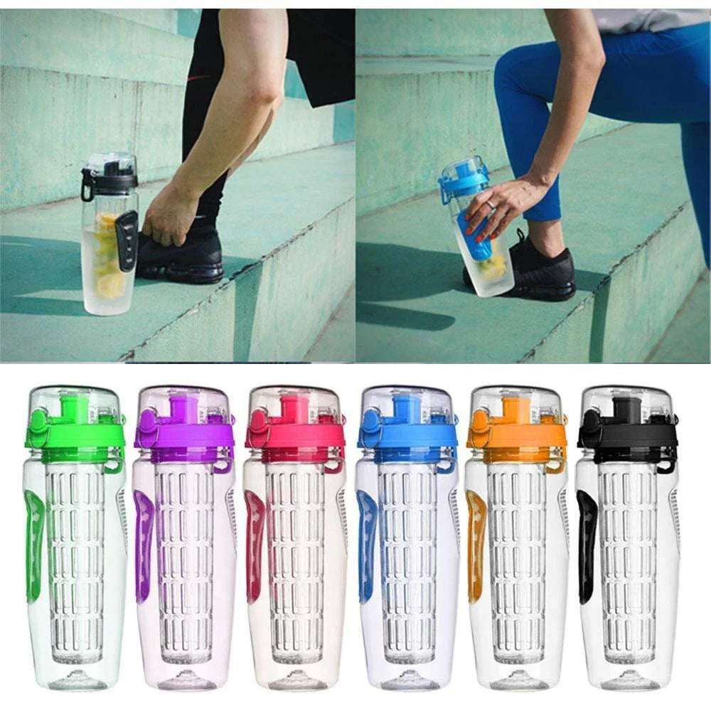  Collection of six fruit infuser water bottles with filter compartments in green purple red blue orange and black colors