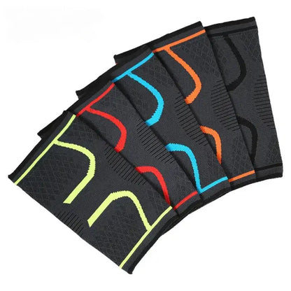 Assortment of black knee support sleeves with vibrant color accents, showcasing various designs and styles