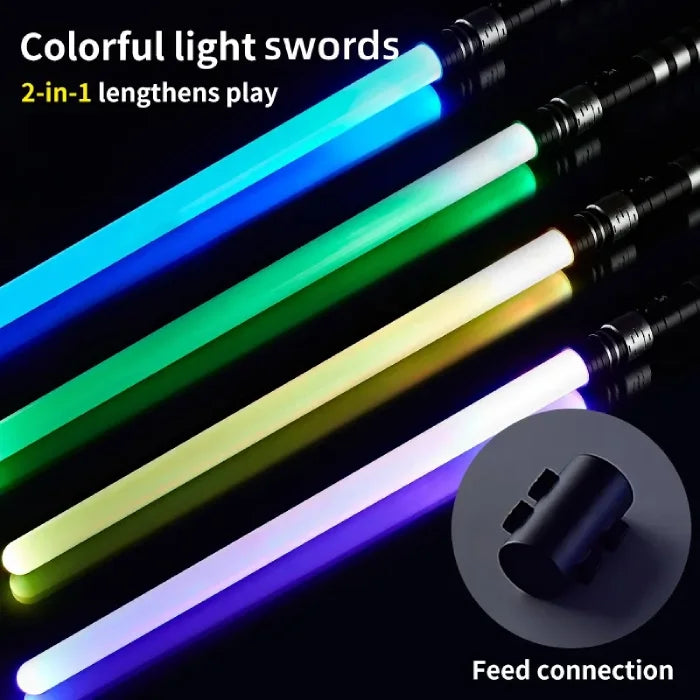 A set of multicolored light swords with options for 2-in-1 play, featuring detachable connectors and vibrant glowing colors.